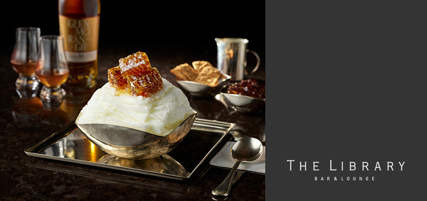 There are Honeycomb Affogato Bingsu in the center of the image followed by whisky